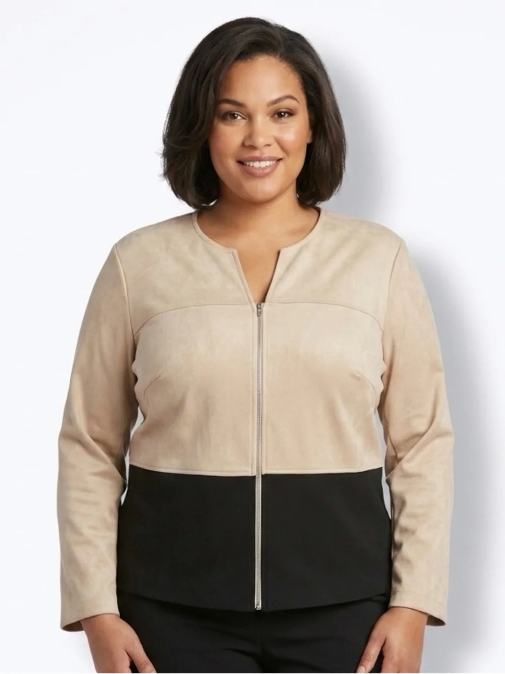 R&K,  Two-Tone Zip Front Jacket in Beige and Black - 1XL